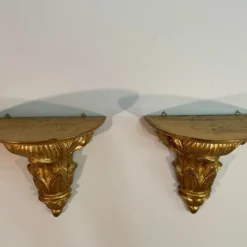 1940’s Italian Hand Carved Giltwood Wall Shelf Brackets - A Pair -chairish shop 1940s italian hand carved giltwood wall shelf brackets a pair 2155 scaled