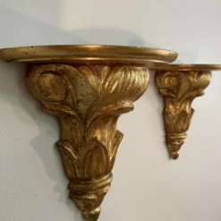 1940’s Italian Hand Carved Giltwood Wall Shelf Brackets - A Pair -chairish shop 1940s italian hand carved giltwood wall shelf brackets a pair 3189 scaled