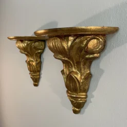 1940’s Italian Hand Carved Giltwood Wall Shelf Brackets - A Pair -chairish shop 1940s italian hand carved giltwood wall shelf brackets a pair 6808 scaled