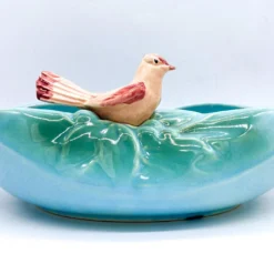 1940's McCoy "Bird Bath" Turquoise Blue Bowl/ Planter With Cardinal -chairish shop 1940s mccoy bird bath turquoise blue bowl planter with cardinal 0468