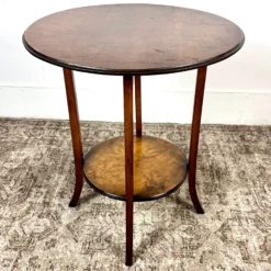 1940’s Round Two-Tier Splayed Leg Accent / Side Pine Table With Hand-Drawn Floral Decoration -chairish shop 1940s round two tier splayed leg accent side pine table with hand drawn floral decoration 0489 scaled