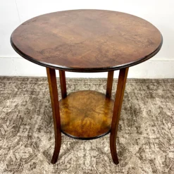 1940’s Round Two-Tier Splayed Leg Accent / Side Pine Table With Hand-Drawn Floral Decoration -chairish shop 1940s round two tier splayed leg accent side pine table with hand drawn floral decoration 0583 scaled