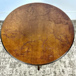 1940’s Round Two-Tier Splayed Leg Accent / Side Pine Table With Hand-Drawn Floral Decoration -chairish shop 1940s round two tier splayed leg accent side pine table with hand drawn floral decoration 5699 scaled