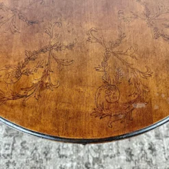 1940’s Round Two-Tier Splayed Leg Accent / Side Pine Table With Hand-Drawn Floral Decoration -chairish shop 1940s round two tier splayed leg accent side pine table with hand drawn floral decoration 7557 scaled