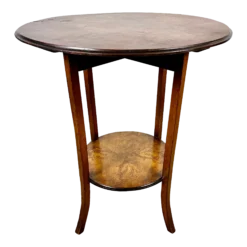 1940’s Round Two-Tier Splayed Leg Accent / Side Pine Table With Hand-Drawn Floral Decoration