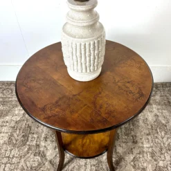 1940’s Round Two-Tier Splayed Leg Accent / Side Pine Table With Hand-Drawn Floral Decoration -chairish shop 1940s round two tier splayed leg accent side pine table with hand drawn floral decoration 8089 scaled