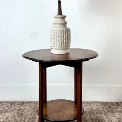 1940’s Round Two-Tier Splayed Leg Accent / Side Pine Table With Hand-Drawn Floral Decoration -chairish shop 1940s round two tier splayed leg accent side pine table with hand drawn floral decoration 9162 scaled