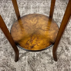 1940’s Round Two-Tier Splayed Leg Accent / Side Pine Table With Hand-Drawn Floral Decoration -chairish shop 1940s round two tier splayed leg accent side pine table with hand drawn floral decoration 9390 scaled