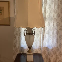 1940’s White Opaline Glass And Ormolu Lamp With Silk Shade -chairish shop 1940s white opaline glass and ormolu lamp with silk shade 1081 scaled