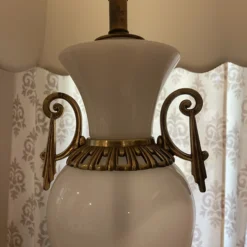 1940’s White Opaline Glass And Ormolu Lamp With Silk Shade -chairish shop 1940s white opaline glass and ormolu lamp with silk shade 2460 scaled