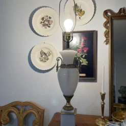 1940’s White Opaline Glass And Ormolu Lamp With Silk Shade -chairish shop 1940s white opaline glass and ormolu lamp with silk shade 9754 scaled