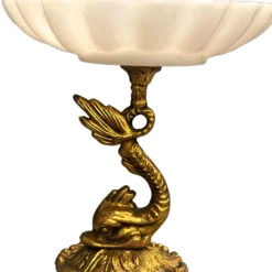 1950’s Art Deco Brass Koi Fish Marble Milk Glass Pedestal Tray -chairish shop 1950s art deco brass koi fish marble milk glass pedestal tray 8075