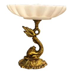 1950’s Art Deco Brass Koi Fish Marble Milk Glass Pedestal Tray