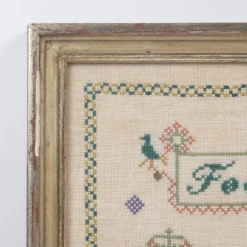 1950's Danish Cross Stitch Sampler, Birth Memorial -chairish shop 1950s danish cross stitch sampler birth memorial 0497 scaled