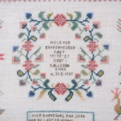 1950's Danish Cross Stitch Sampler, Birth Memorial -chairish shop 1950s danish cross stitch sampler birth memorial 0968 scaled