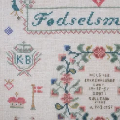 1950's Danish Cross Stitch Sampler, Birth Memorial -chairish shop 1950s danish cross stitch sampler birth memorial 3087 scaled