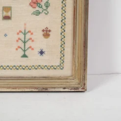 1950's Danish Cross Stitch Sampler, Birth Memorial -chairish shop 1950s danish cross stitch sampler birth memorial 3662 scaled