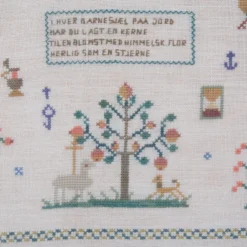 1950's Danish Cross Stitch Sampler, Birth Memorial -chairish shop 1950s danish cross stitch sampler birth memorial 9053 scaled
