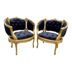 1950's French Corbeille Louis XVI Bergere Chairs In Black Velvet - A Pair