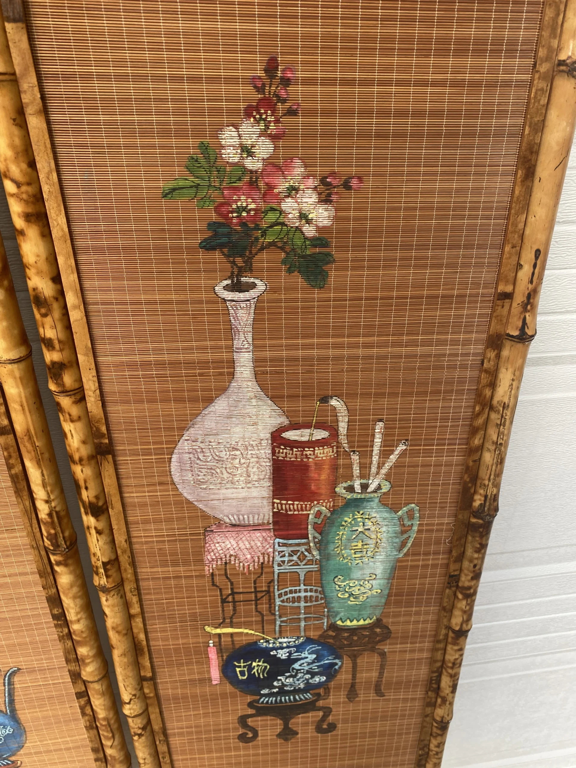 1950’s Hand Painted Burnt Rattan Chinese Folding Screen 7 1950’s Hand Painted Burnt Rattan Chinese Folding Screen - Image 7