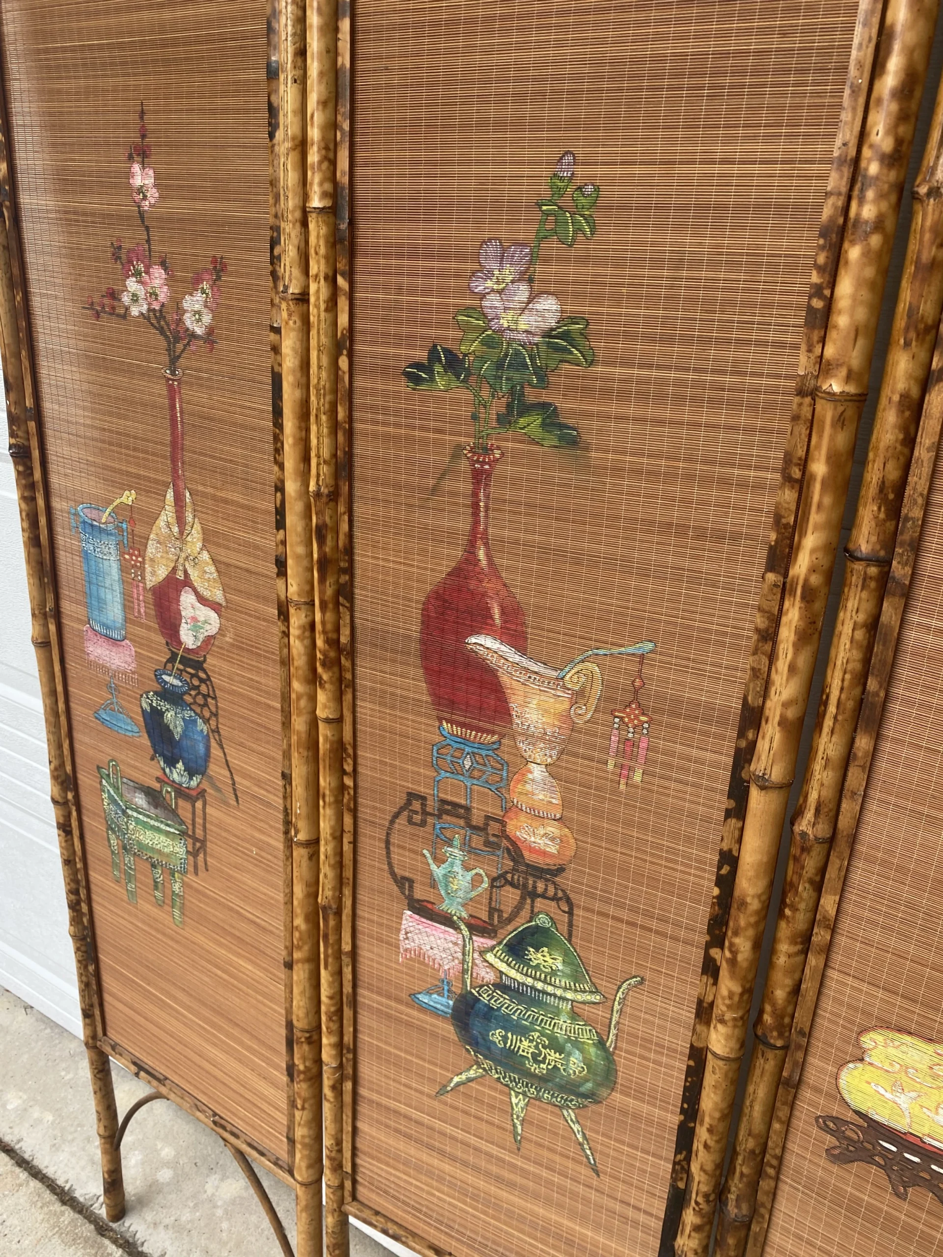 1950’s Hand Painted Burnt Rattan Chinese Folding Screen 8 1950’s Hand Painted Burnt Rattan Chinese Folding Screen - Image 8