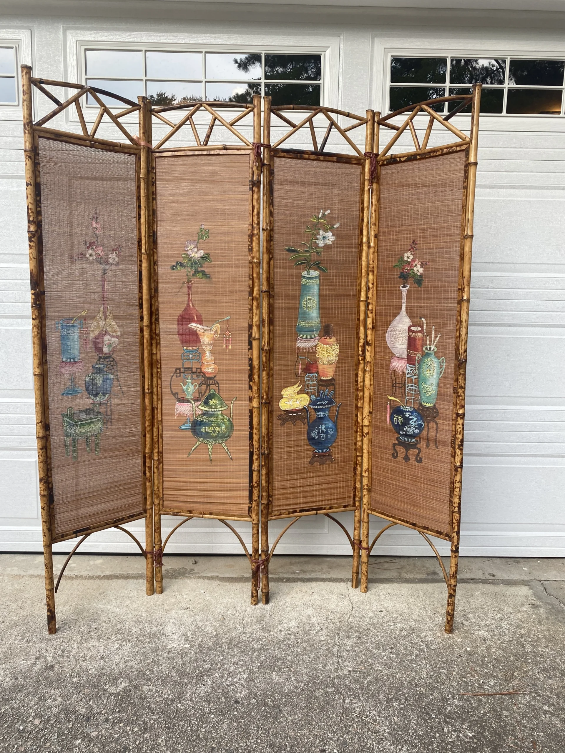 1950’s Hand Painted Burnt Rattan Chinese Folding Screen 6 1950’s Hand Painted Burnt Rattan Chinese Folding Screen - Image 6