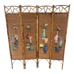1950’s Hand Painted Burnt Rattan Chinese Folding Screen