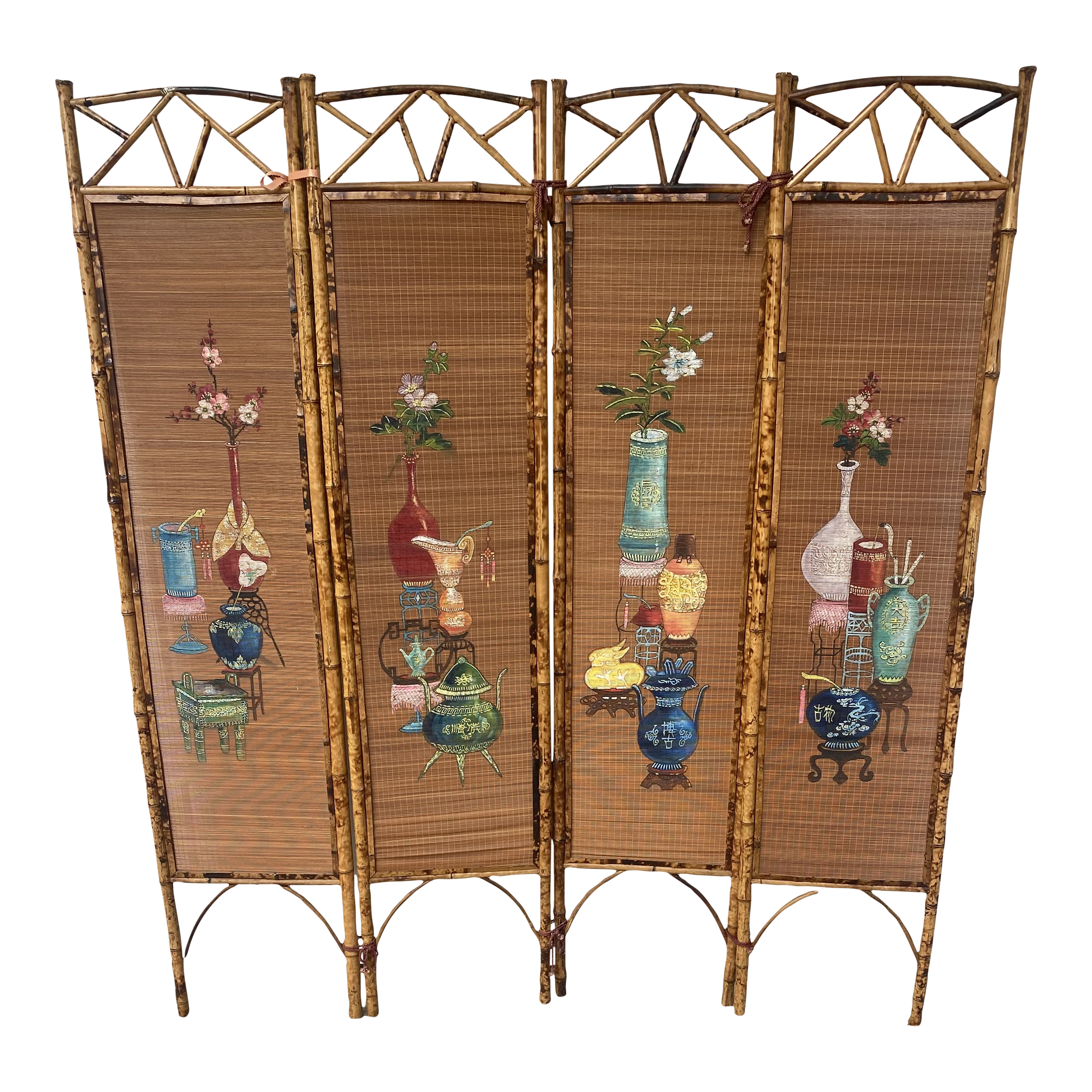 1950’s Hand Painted Burnt Rattan Chinese Folding Screen 1 1950’s Hand Painted Burnt Rattan Chinese Folding Screen