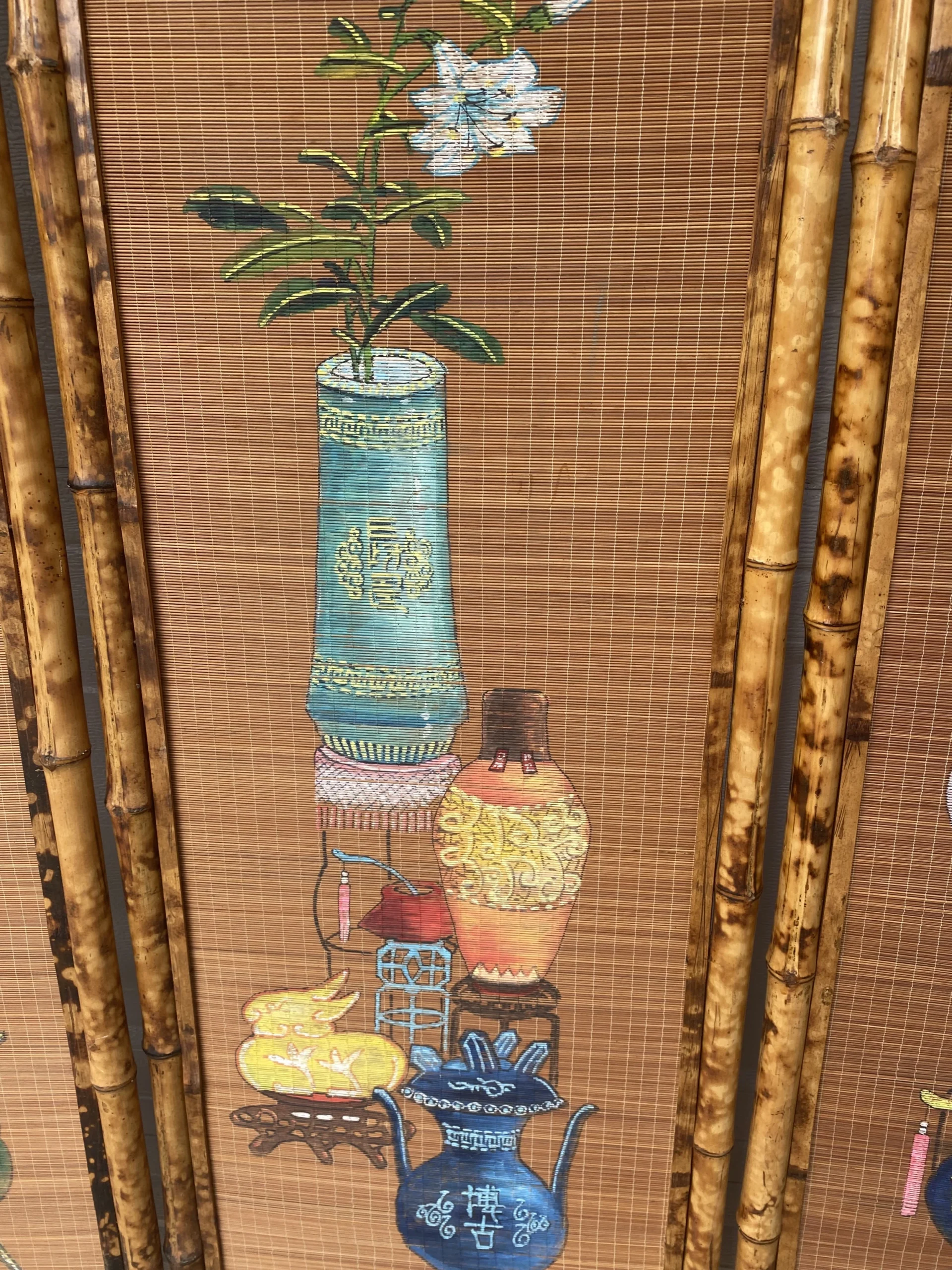 1950’s Hand Painted Burnt Rattan Chinese Folding Screen 5 1950’s Hand Painted Burnt Rattan Chinese Folding Screen - Image 5