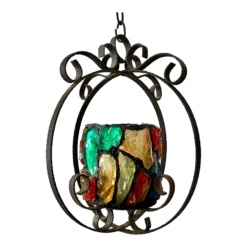 1950's Peter Marsh Style Glass And Iron Hanging Candle Lantern