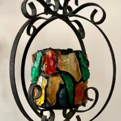 1950's Peter Marsh Style Glass And Iron Hanging Candle Lantern -chairish shop 1950s peter marsh style glass and iron hanging candle lantern 6448 scaled