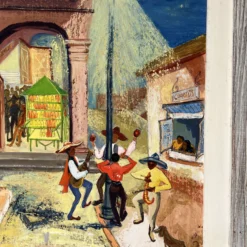 1950's Phoebe Towbin Mexican Street Village Oil Painting, Frame -chairish shop 1950s phoebe towbin mexican street village oil painting frame 5584 scaled
