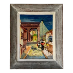 1950's Phoebe Towbin Mexican Street Village Oil Painting, Frame
