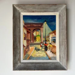 1950's Phoebe Towbin Mexican Street Village Oil Painting, Frame -chairish shop 1950s phoebe towbin mexican street village oil painting frame 8777 scaled