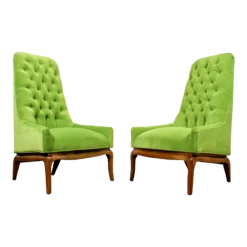 1950's Tufted Green Velvet Tall Back Chairs In The Manner Of T.h. Robsjohn Gibbings