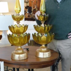 1960's Blenko Butterscotch Art Glass Lotus Leaf Lamps - A Pair -chairish shop 1960s blenko butterscotch art glass lotus leaf lamps a pair 3991