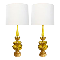 1960's Blenko Butterscotch Art Glass Lotus Leaf Lamps - A Pair