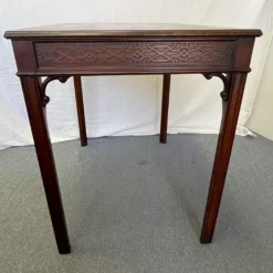 1960's Chinese Chippendale Solid Wood Table With Fretwork Apron -chairish shop 1960s chinese chippendale solid wood table with fretwork apron 0580 scaled