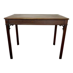 1960's Chinese Chippendale Solid Wood Table With Fretwork Apron