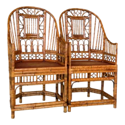 1960’s Coastal Brighton Pavilion High Back Bamboo Side Captains Chairs-Pair