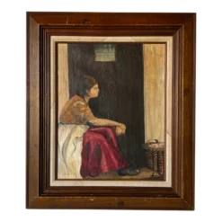 1960's Elena Abrams Country Girl Portrait Oil Painting, Framed
