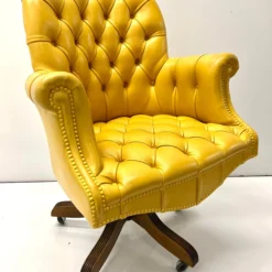 1960’s English Canary Yellow Leather Chesterfield Desk Chair -chairish shop 1960s english canary yellow leather chesterfield desk chair 3123 scaled