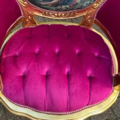 1960's French Louis XVI Bergere Chair In Gild Beech And Pink Tufted Velvet With Scenery -chairish shop 1960s french louis xvi bergere chair in gild beech and pink tufted velvet with scenery 0399