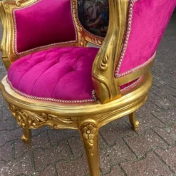 1960's French Louis XVI Bergere Chair In Gild Beech And Pink Tufted Velvet With Scenery -chairish shop 1960s french louis xvi bergere chair in gild beech and pink tufted velvet with scenery 1118