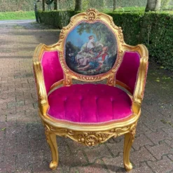 1960's French Louis XVI Bergere Chair In Gild Beech And Pink Tufted Velvet With Scenery -chairish shop 1960s french louis xvi bergere chair in gild beech and pink tufted velvet with scenery 2206