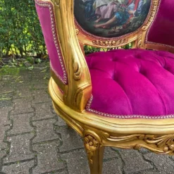 1960's French Louis XVI Bergere Chair In Gild Beech And Pink Tufted Velvet With Scenery -chairish shop 1960s french louis xvi bergere chair in gild beech and pink tufted velvet with scenery 4519