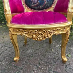 1960's French Louis XVI Bergere Chair In Gild Beech And Pink Tufted Velvet With Scenery -chairish shop 1960s french louis xvi bergere chair in gild beech and pink tufted velvet with scenery 5531