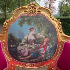 1960's French Louis XVI Bergere Chair In Gild Beech And Pink Tufted Velvet With Scenery -chairish shop 1960s french louis xvi bergere chair in gild beech and pink tufted velvet with scenery 8562