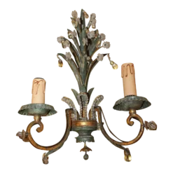 1960's French Regency Verde Palm Form Tole & Crystal Wall Lamp/ Sconce By Maison Bagues