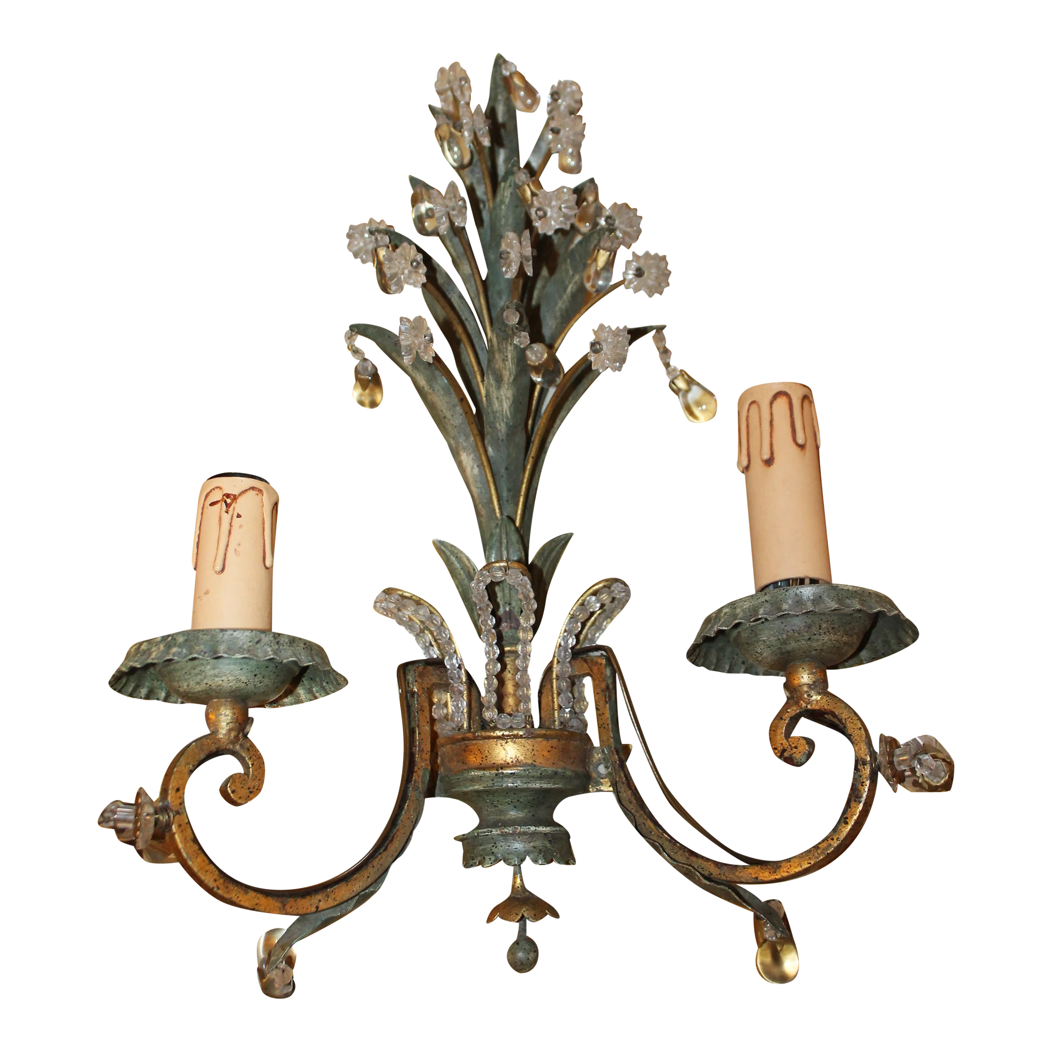 1960's French Regency Verde Palm Form Tole & Crystal Wall Lamp/ Sconce By Maison Bagues 1 1960's French Regency Verde Palm Form Tole & Crystal Wall Lamp/ Sconce By Maison Bagues